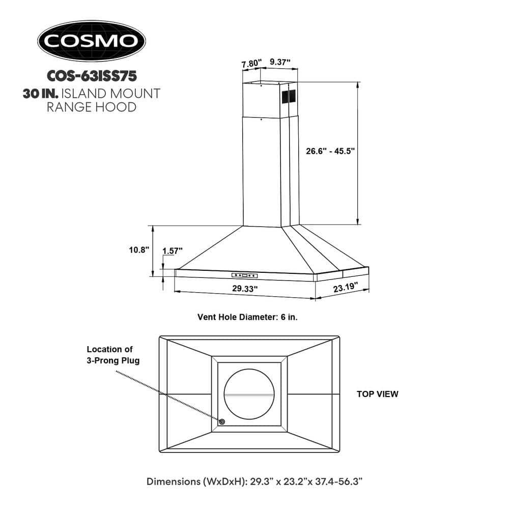 Cosmo 30" 380 CFM Ductless Island Range Hood Kitchen Hood in Stainless Steel