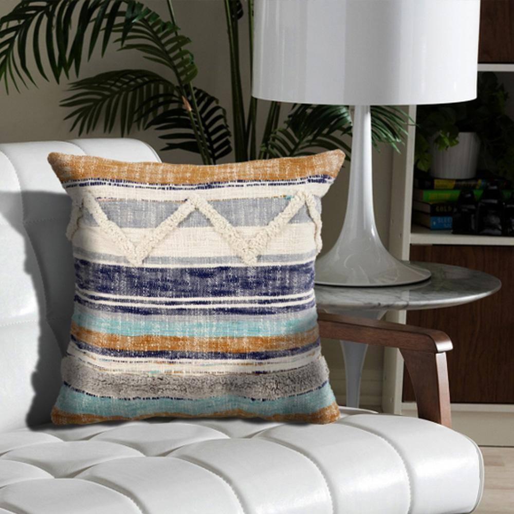 HomeRoots 18" X 18" Beige Blue And Gray Geometric Cotton Zippered Pillow