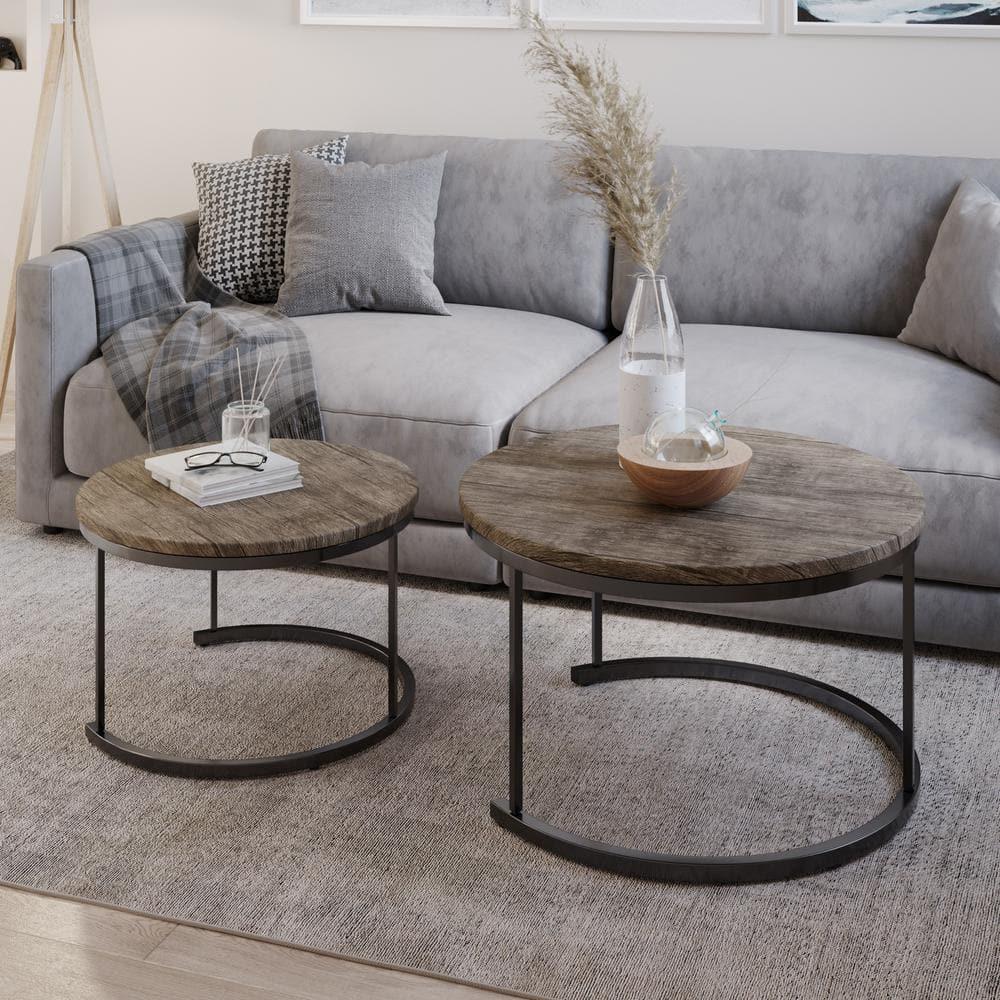 Lavish Home 2-Piece Round Nesting Coffee Tables, Modern Farmhouse Style, Gray/Brown