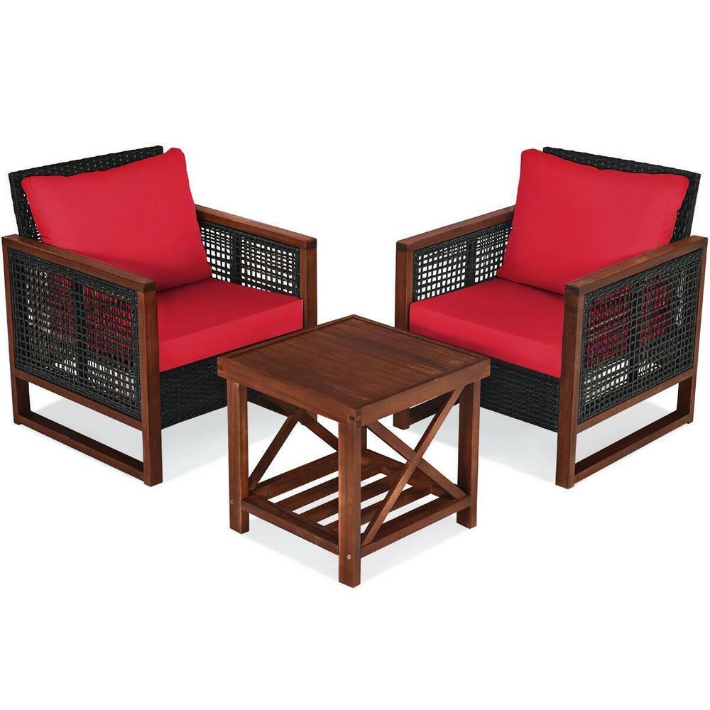 Costway 3PCS Patio Wicker Furniture Set Solid Wood Frame Cushion Sofa w/ Square Table Shelf Red