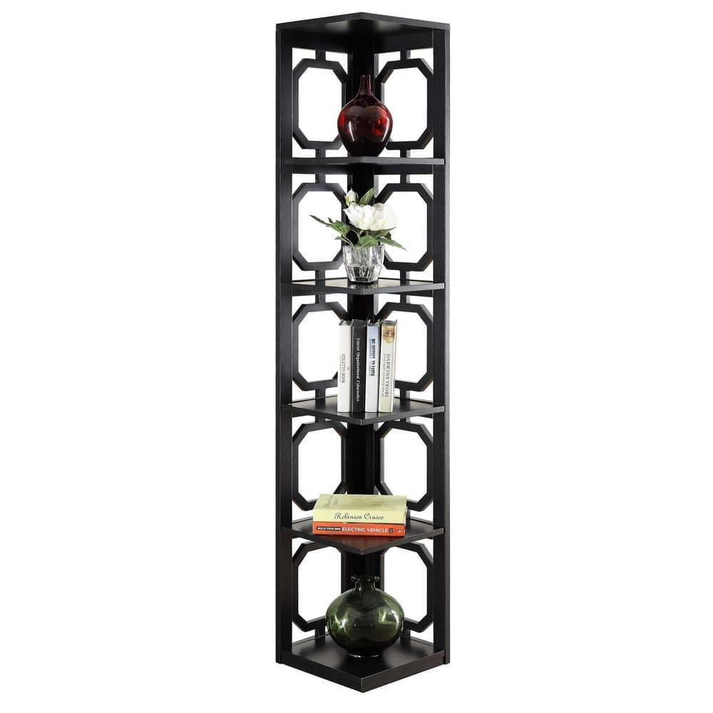 Convenience Concepts Omega Five-Shelf Corner Bookcase in Black Wood Finish