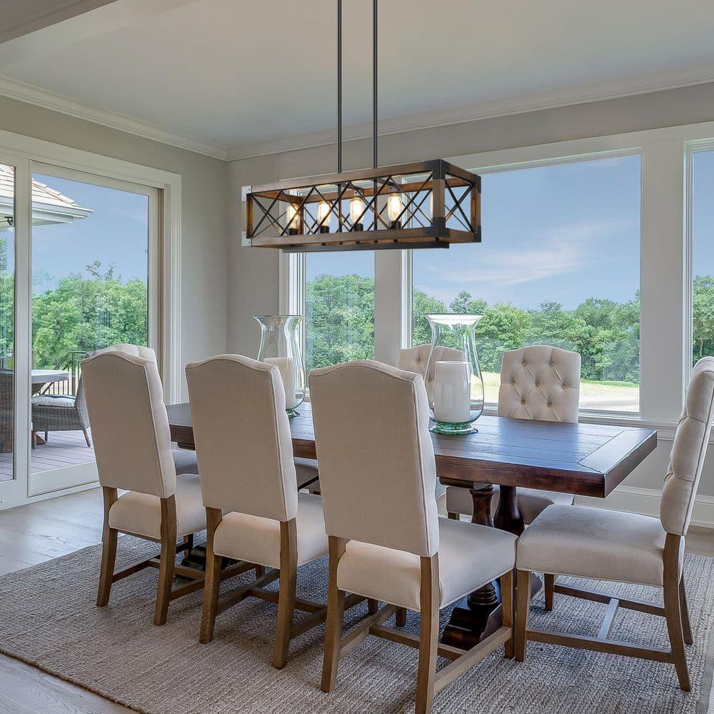 Farmhouse 5-Light Wood and Black Metal Chandelier, Rectangular Kitchen Island Light Fixture