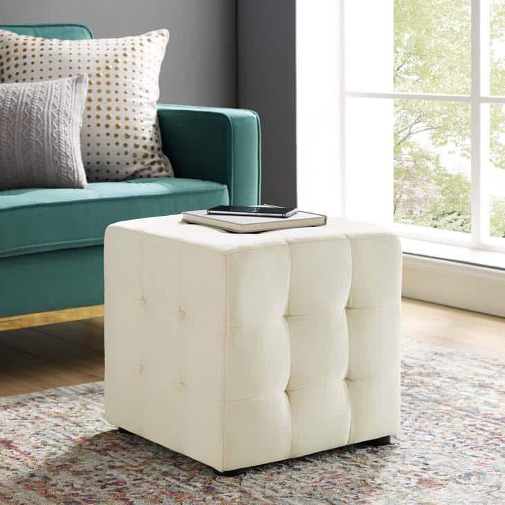 Contour Tufted Cube Performance Velvet OttomanIvory