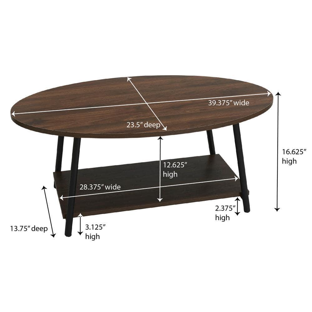 Household Essentials Jamestown Oval Coffee Table with Storage Shelf Ashwood Rustic Wood Grain and Black Metal