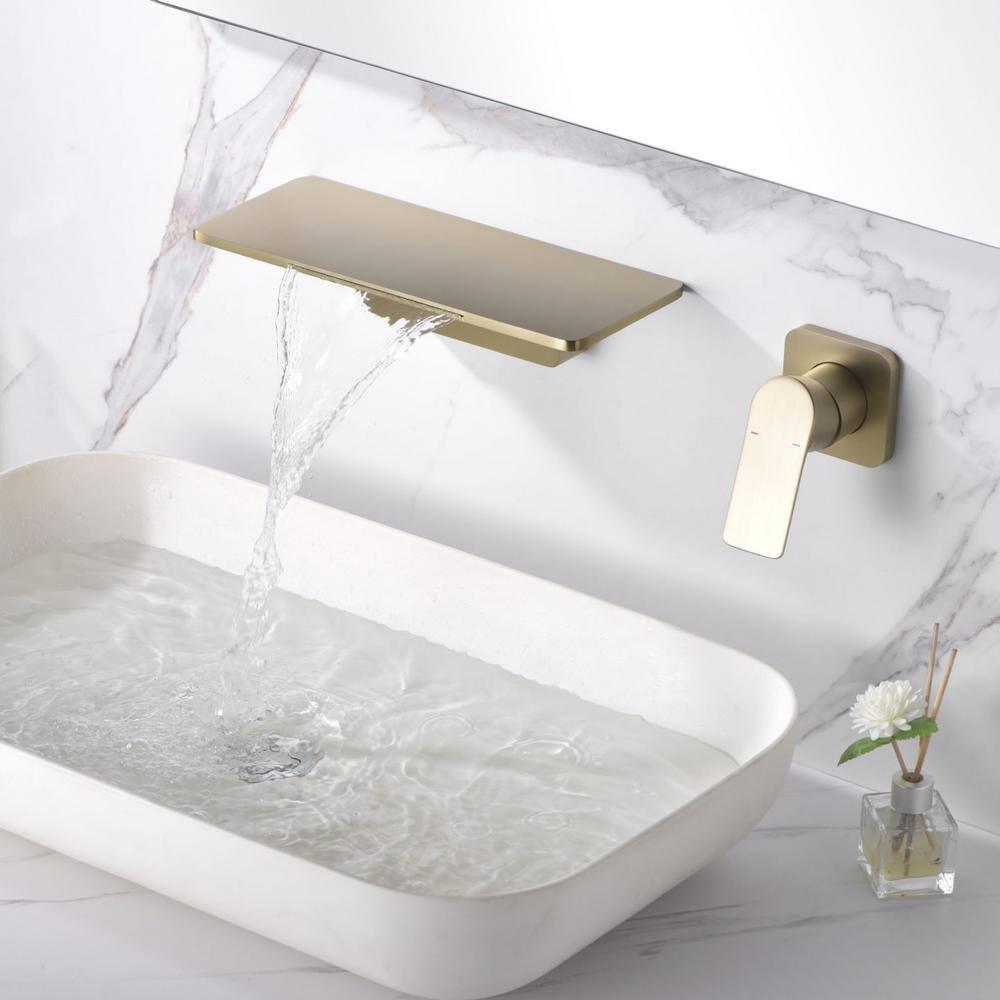 Bathroom Faucet Waterfall Bathroom Sink Faucet Brushed Gold Brass Basin Mixer Tap Single Handle Basin Tap Wall Mounted Lavatory Faucet with Cold and Hot Water
