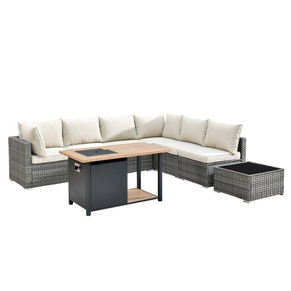 Ovios Venice 8pc Wicker Outdoor Patio Furniture Set Conversation Sofa with a Storage Fire Pit and Navy Blue Cushions