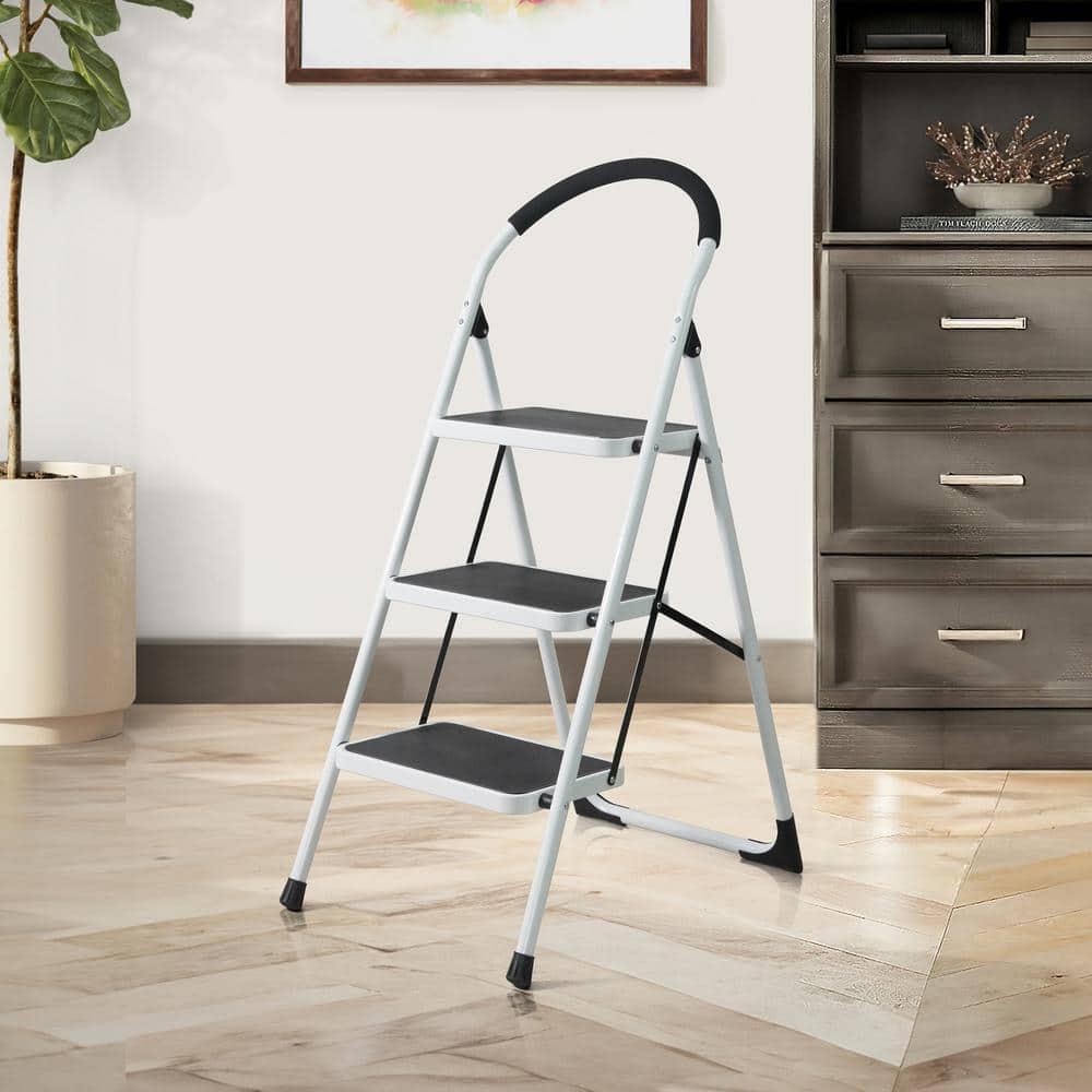 CAPHAUS 3-Step Ladder, Portable Folding Step Stool with Extra Wide Anti-Slip Pedal, Heavy Duty Foldable Small Step Ladder with Hand Grip, ANSI A14.11 Certified Sturdy Step Stool, White