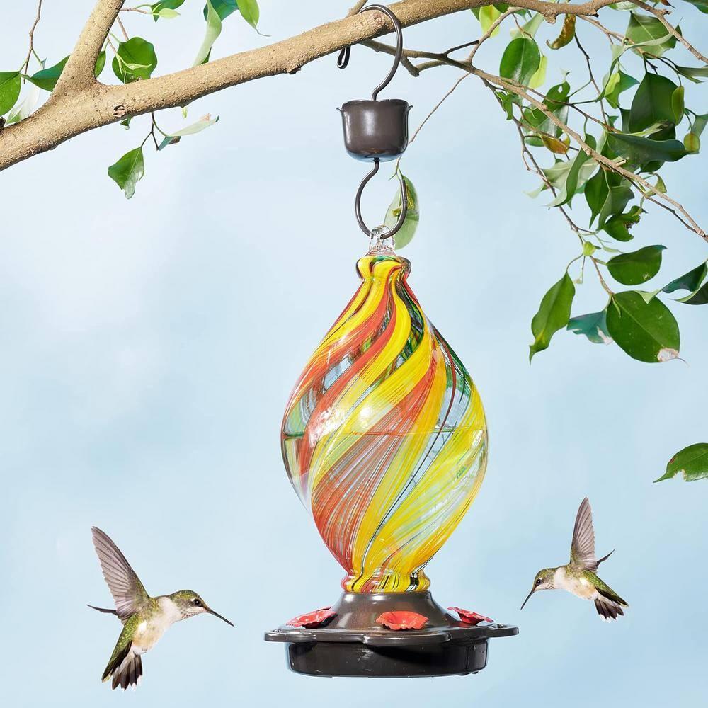 LUJII Spiral Shaped Hand Blown Glass Hummingbird Feeder with Ant Moat for Outdoors Hanging, 28 fl.oz, Leak Proof & Rustproof (Ribbon)