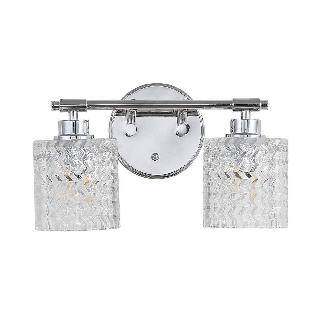 Spaulding Vintage 13" 2-Light Iron/Chevron Pattern Glass Farmhouse Cottage LED Vanity Light, Chrome