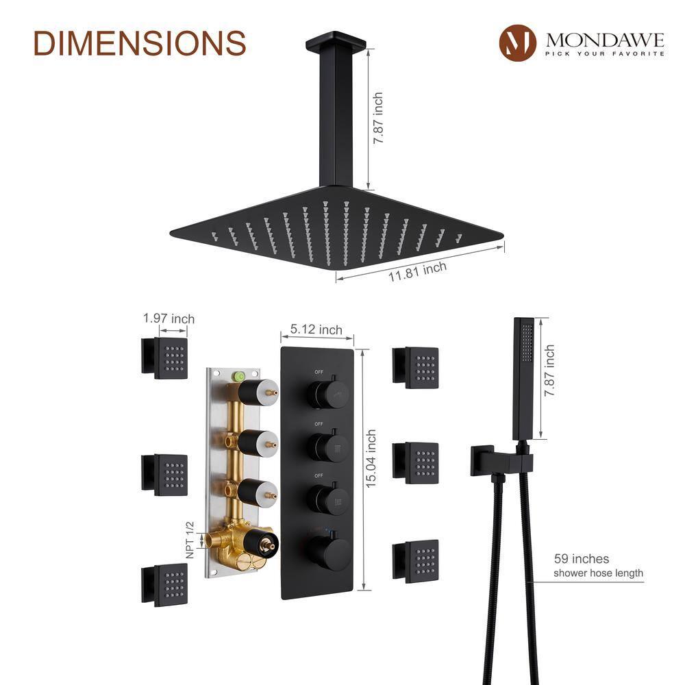 Herathena 3 Functions Ceiling Mounted Luxury Shower System with 6 Body Jets (Rough-in Valve Included)