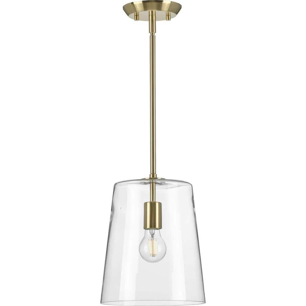 Progress Lighting Clarion 1-Light Pendant, Steel, Satin Brass, Clear Glass Shade