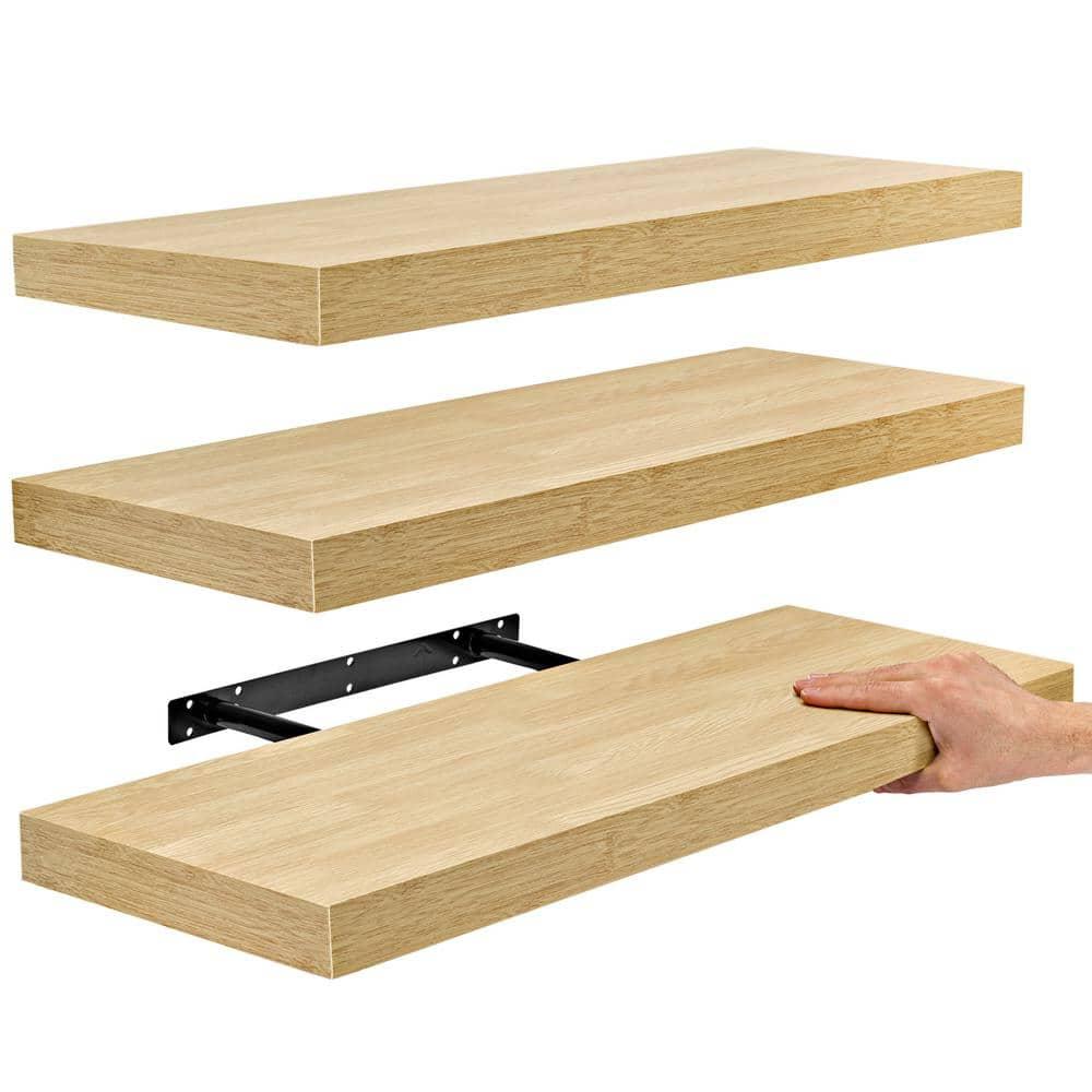 Set of 3 (24"x9") Sorbus Rectangle Floating Shelves with Invisible Brackets - for Bedroom, Kitchen Decor, Bathroom Shelves (Maple)