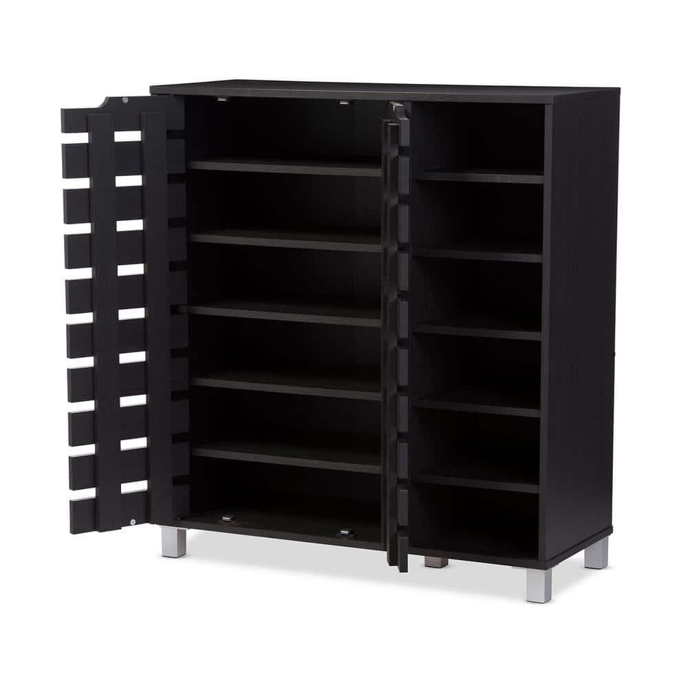 Shirley Modern and Contemporary Wood 2-Door Shoe Cabinet with Open Shelves - Dark Brown - Baxton Studio: Espresso Finish, Metal Frame, 10 Compartments