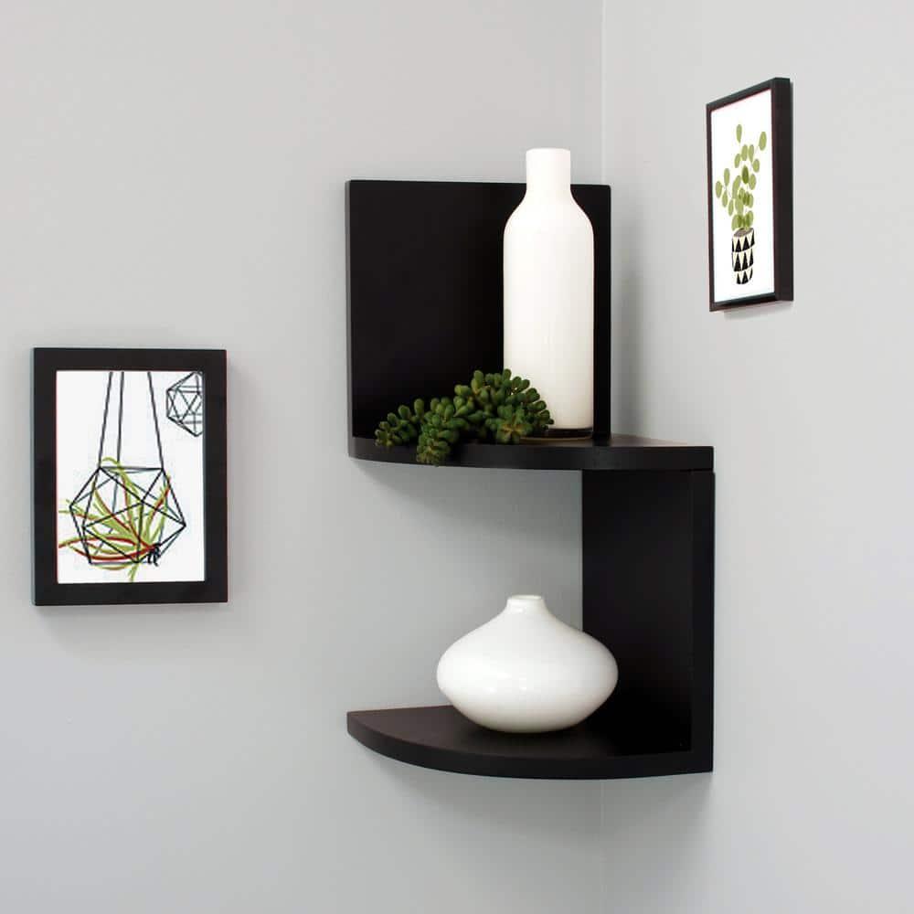 Black Wood Floating Corner Shelves Set for Wall