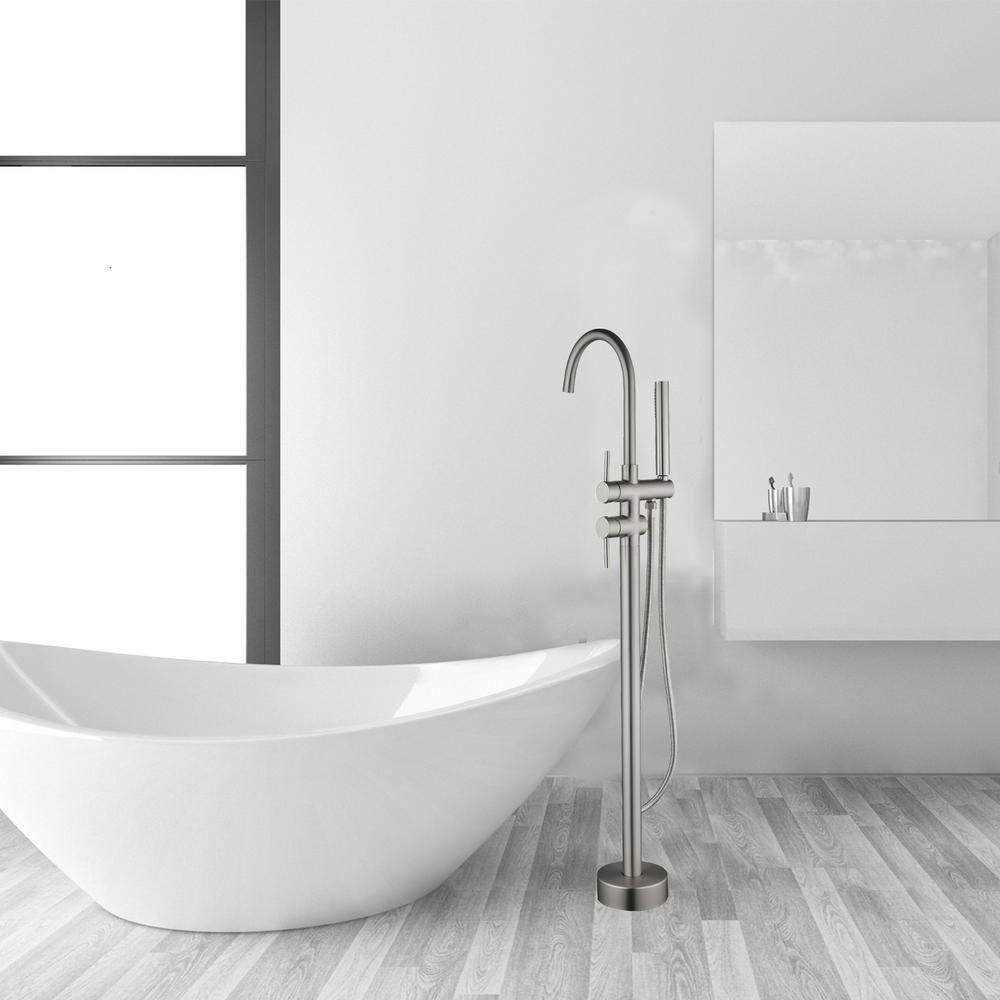 Double Handle Floor Mounted Freestanding Tub Filler With Handshower