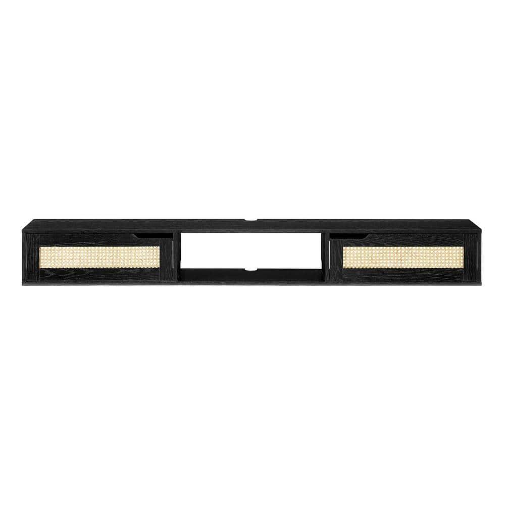Walker Edison Modern Rattan-Door Floating TV stand for TVs up to 80”, Black