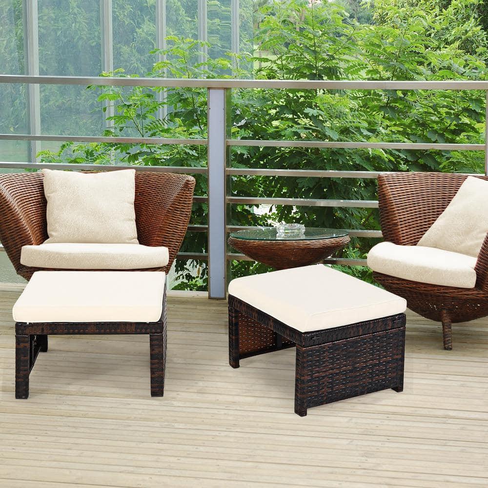 Spaco 2 Pieces Outdoor Patio Rattan Wicker Ottoman Set with Soft Cushion for Garden, Balcony, Poolside, White