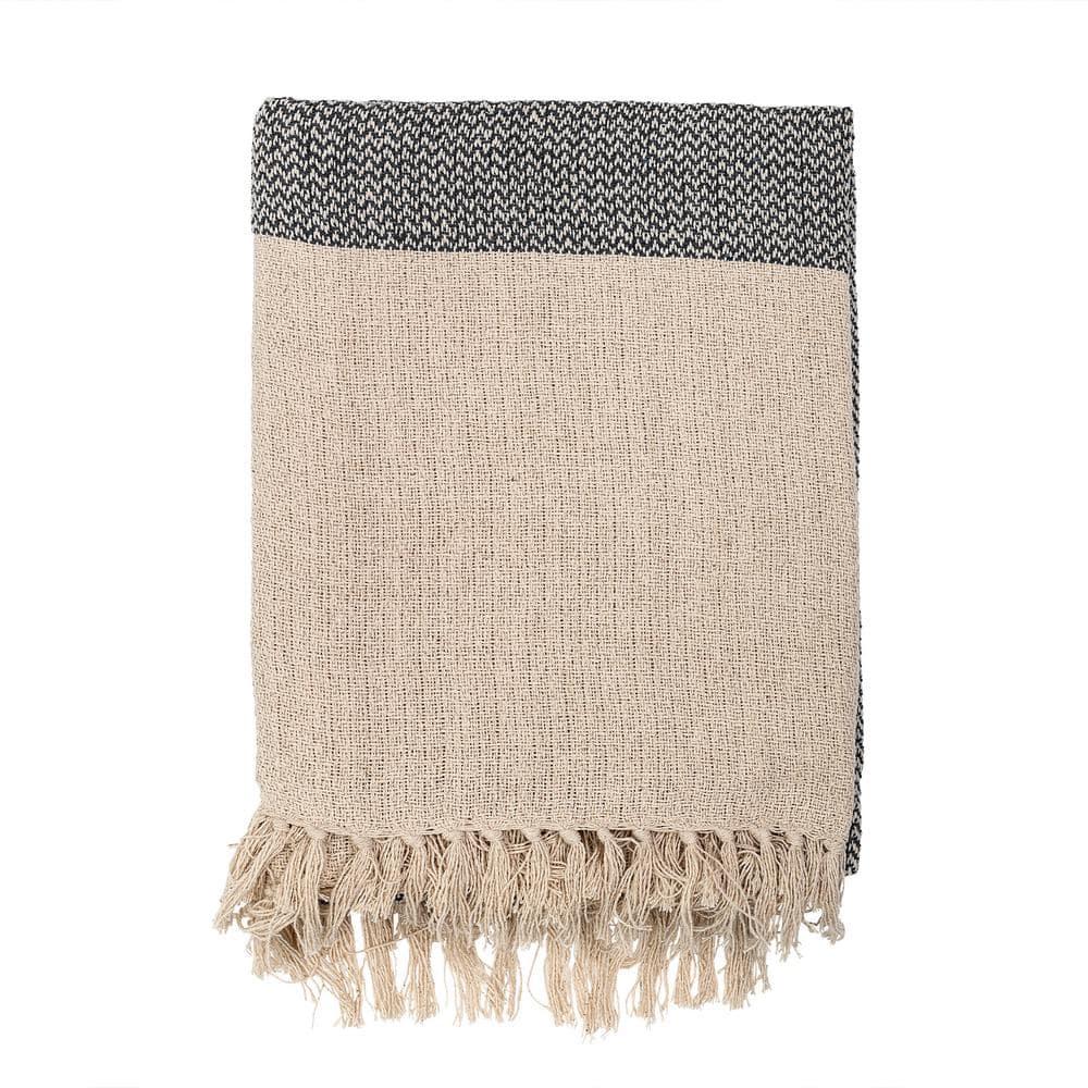 Soft Cotton Blend Knit Throw with Fringe, Grey and Cream