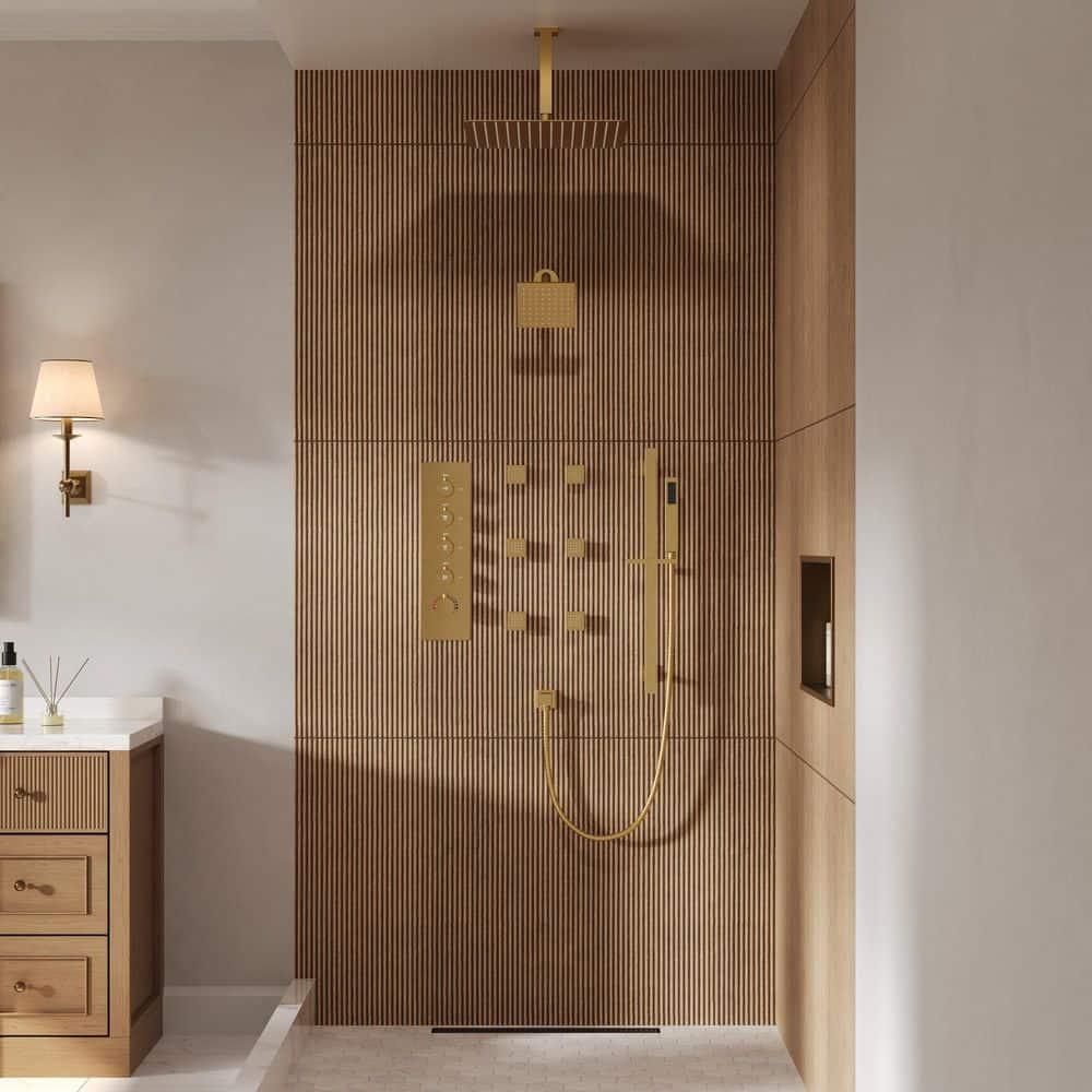 GRANDJOY 16 inch Complete Dual Shower Head System, Celling Mounted Shower Faucet Set with Hand Shower Head, Rough in-Valve, 6 Massage Body Jets - Brushed Gold