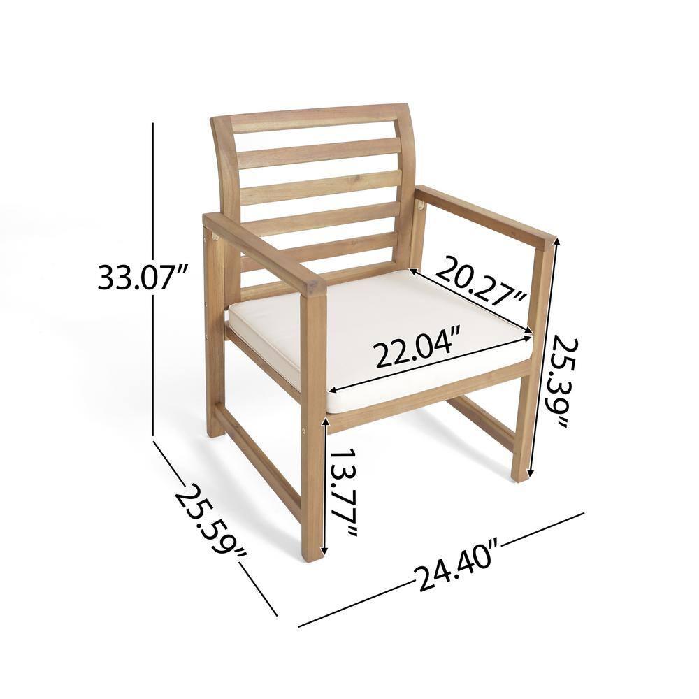 Natural Acacia Wood Lounge Chairs with White Cushions, Set of 2