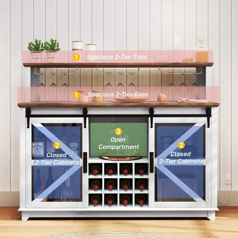 Homiyad 55" Coffee Bar Cabinet with Lights, Farmhouse Wine Cabinet with Wine and Glass Racks for Kitchen, Dining Room, White