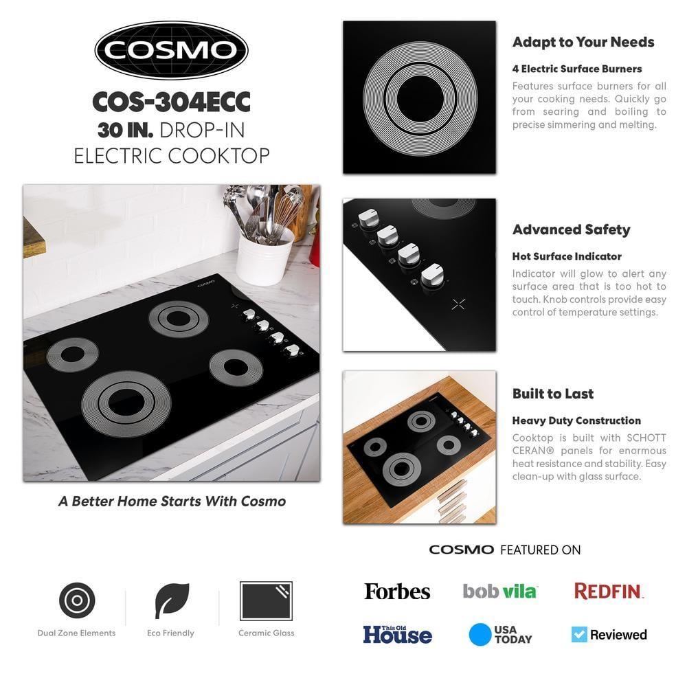Cosmo 30 in. Electric Ceramic Glass Cooktop with 4 Burners, Dual Zone Elements, Hot Surface Indicator Light and Control Knobs
