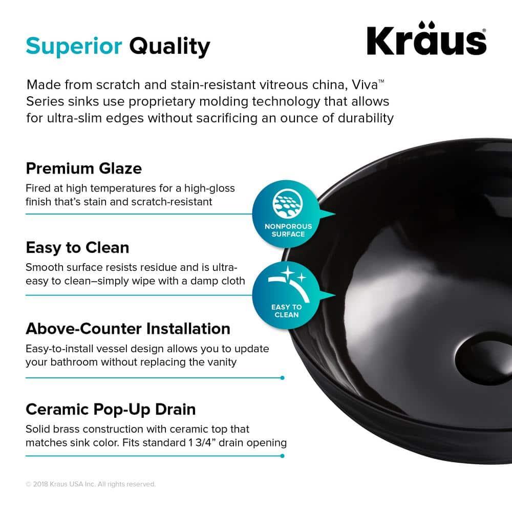KRAUS Viva Thin Porcelain Ceramic Vessel Bathroom Sink with Pop-Up Drain