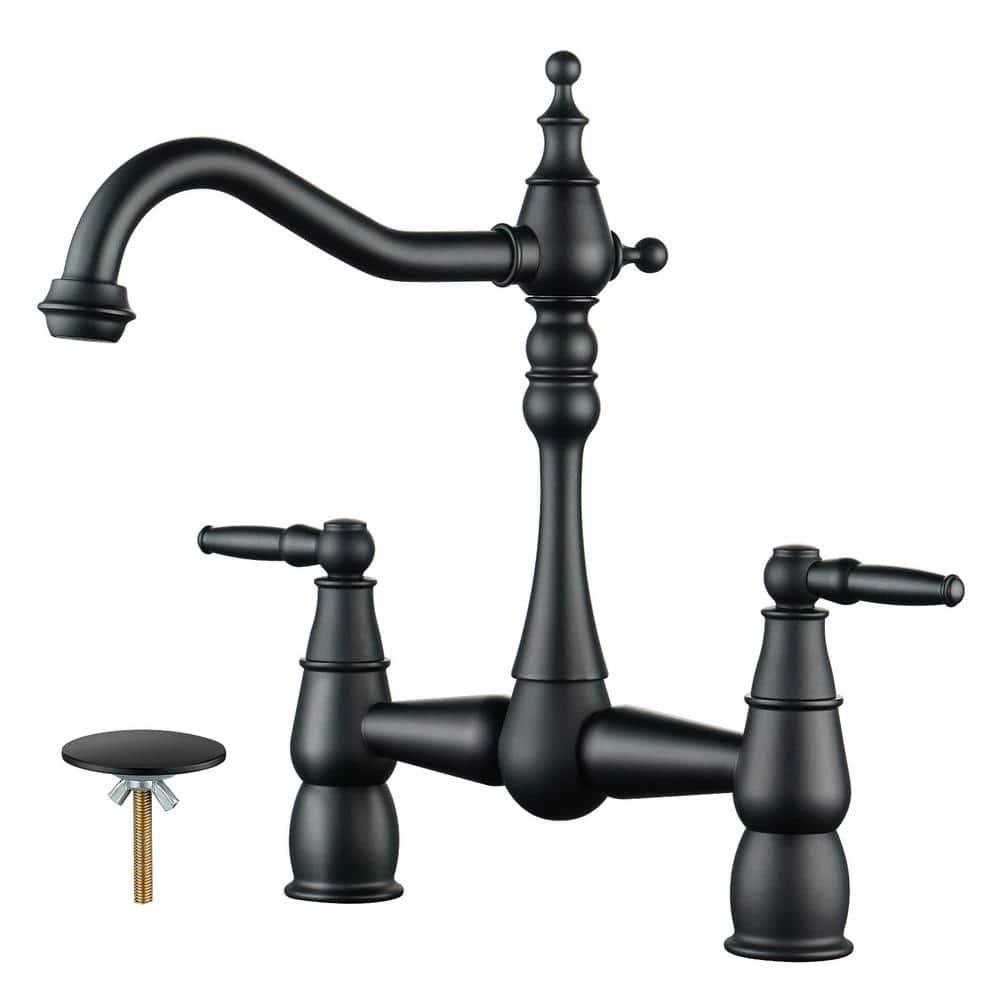 Matte Black Double Handle Bridge Kitchen Faucet with Swivel Spout