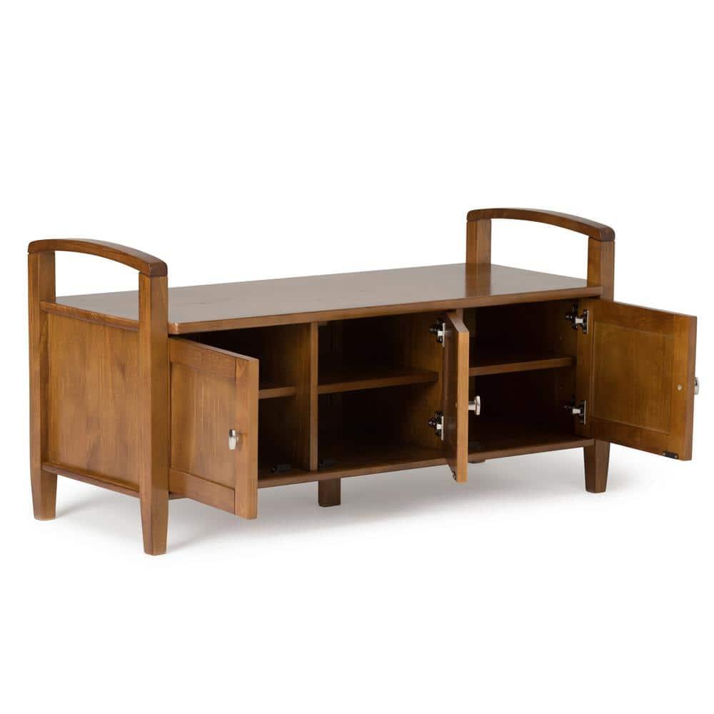 Simpli Home Warm Shaker Wood 44" Transitional Entryway Bench in Light Golden Brown