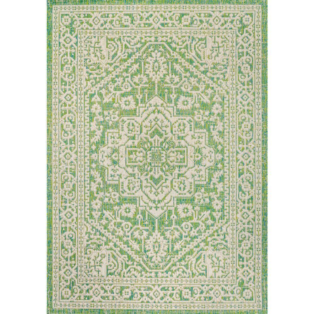 8' x 10' Sinjuri Medallion Textured Weave Indoor/Outdoor Area Rug, Cream/Green - JONATHAN Y