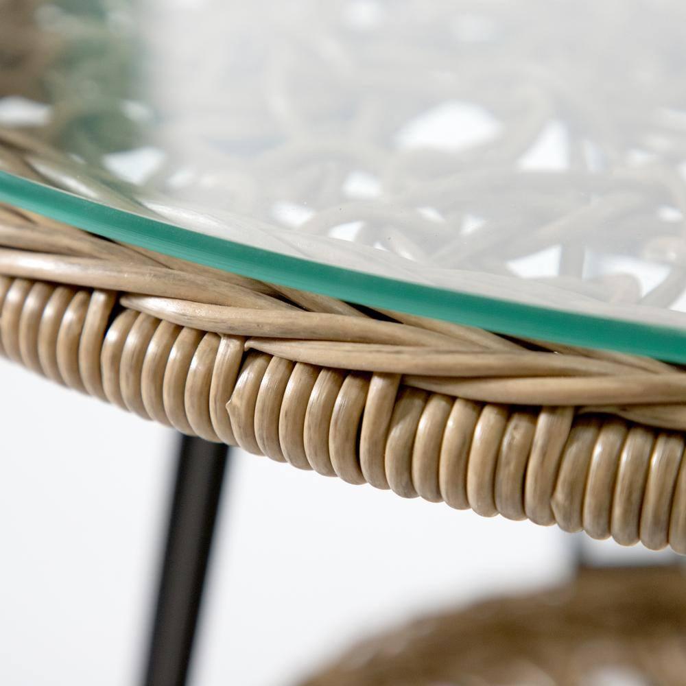 Furniture of America Noma Round 1-Shelf Metal and Rattan Natural Coffee Table with Glass Top