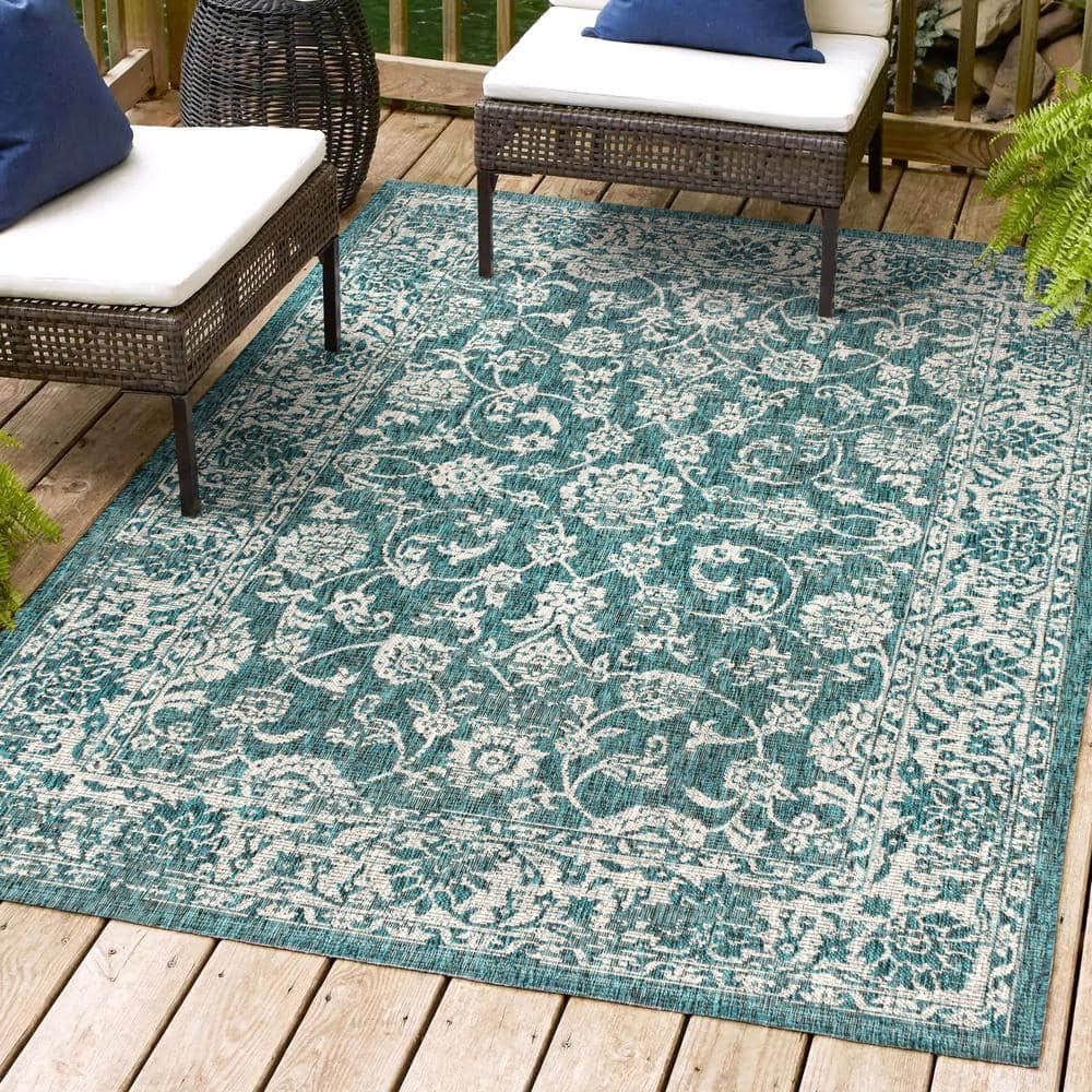4'x6' Tela Bohemian Textured Weave Floral Indoor/Outdoor Area Rug, Teal/Gray - JONATHAN Y