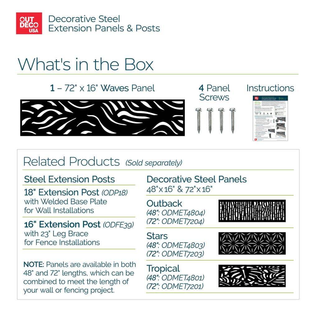 OUTDECO 16"x72" Waves Galvanized Steel Wall and Fence Extension Privacy Panel, Black