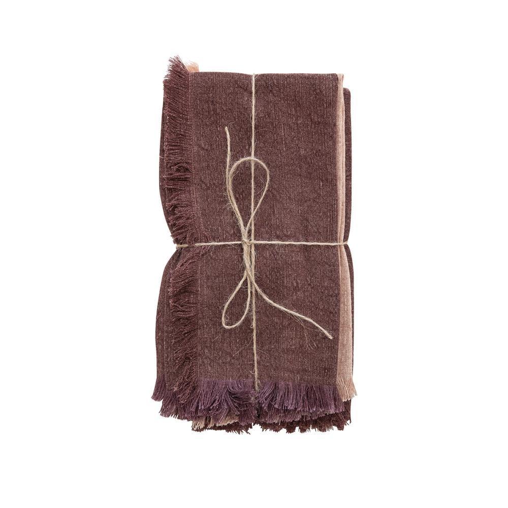 Bloomingville Square Linen Napkins with Fringe, Set of 4, Putty Orange and Aubergine