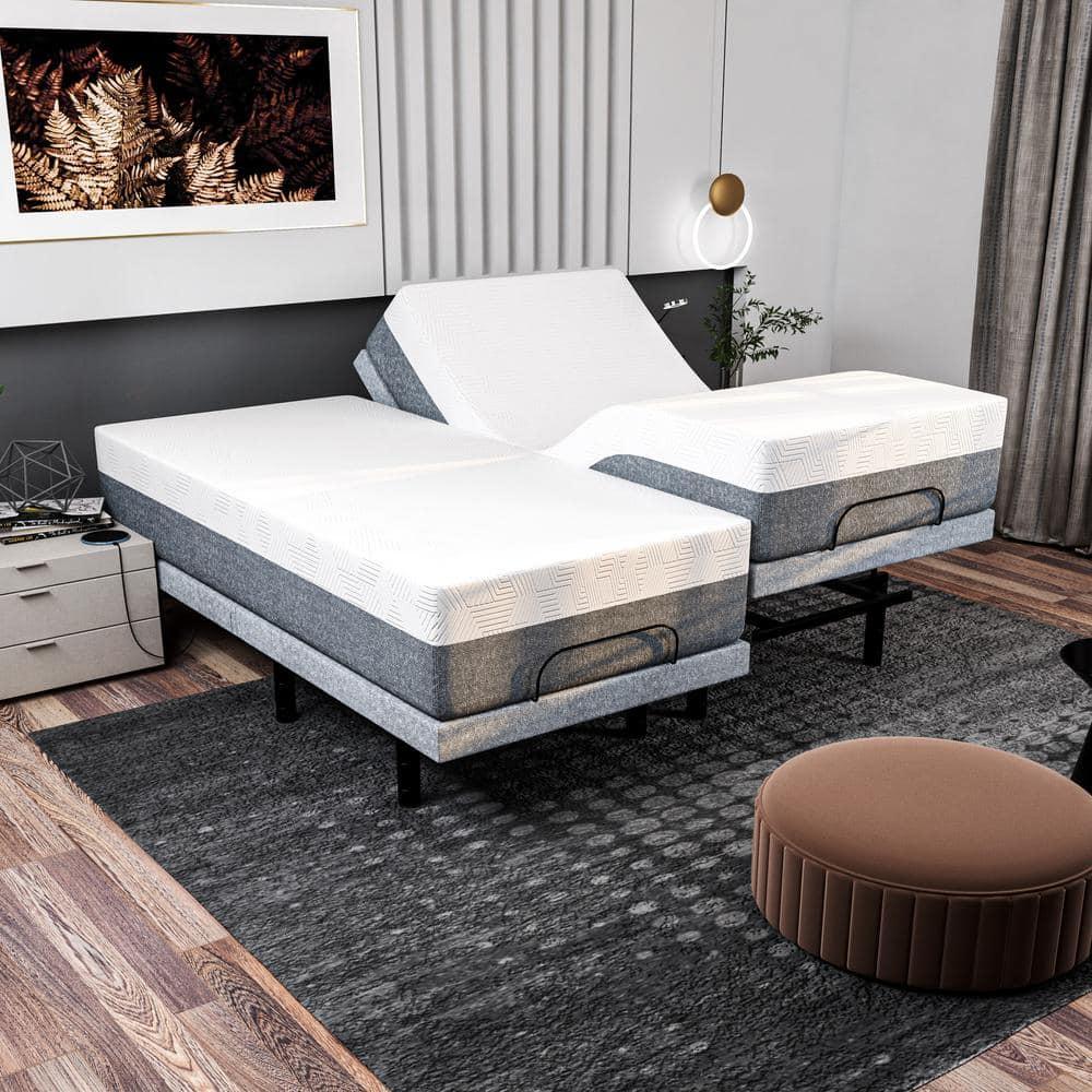 Renanim Serenityflex Adjustable Base & Hybrid Mattress – Split King-Size Adjustable Base with 12 in. Cooling Gel Mattress, Massage, USB Ports, Remote & Under-Bed Light – Reclining Electric Bed Frame
