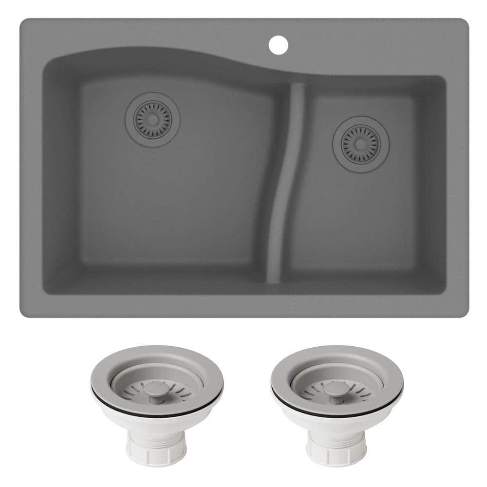 Kraus KRAUS Quarza™ 33" L Dual Mount 60/40 Double Bowl Granite Kitchen Sink and Strainers KGD-442GREY-PST1-GR