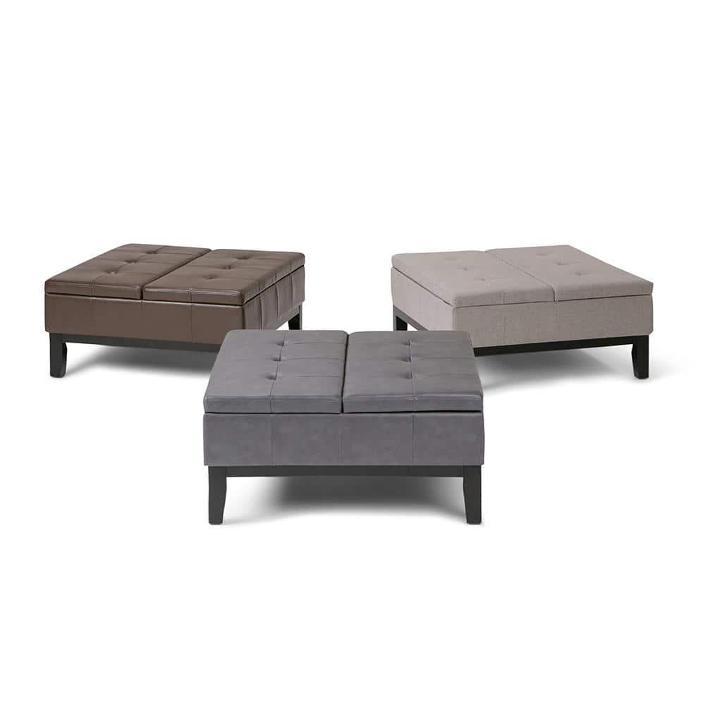 Simpli Home Dover 36"W Upholstered Square Coffee Table Storage Ottoman with Split Tufted Lift Top