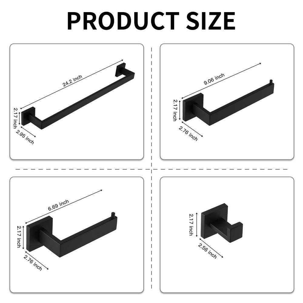 BWE 5 Pieces Matte Black Bathroom Hardware Set SUS304 Stainless Steel Include 21.9" Towel Bar,Hand Towel Holder,Toilet Paper Holder and 2 Robe Hook Square Bathroom Accessories Set Wall Mounted