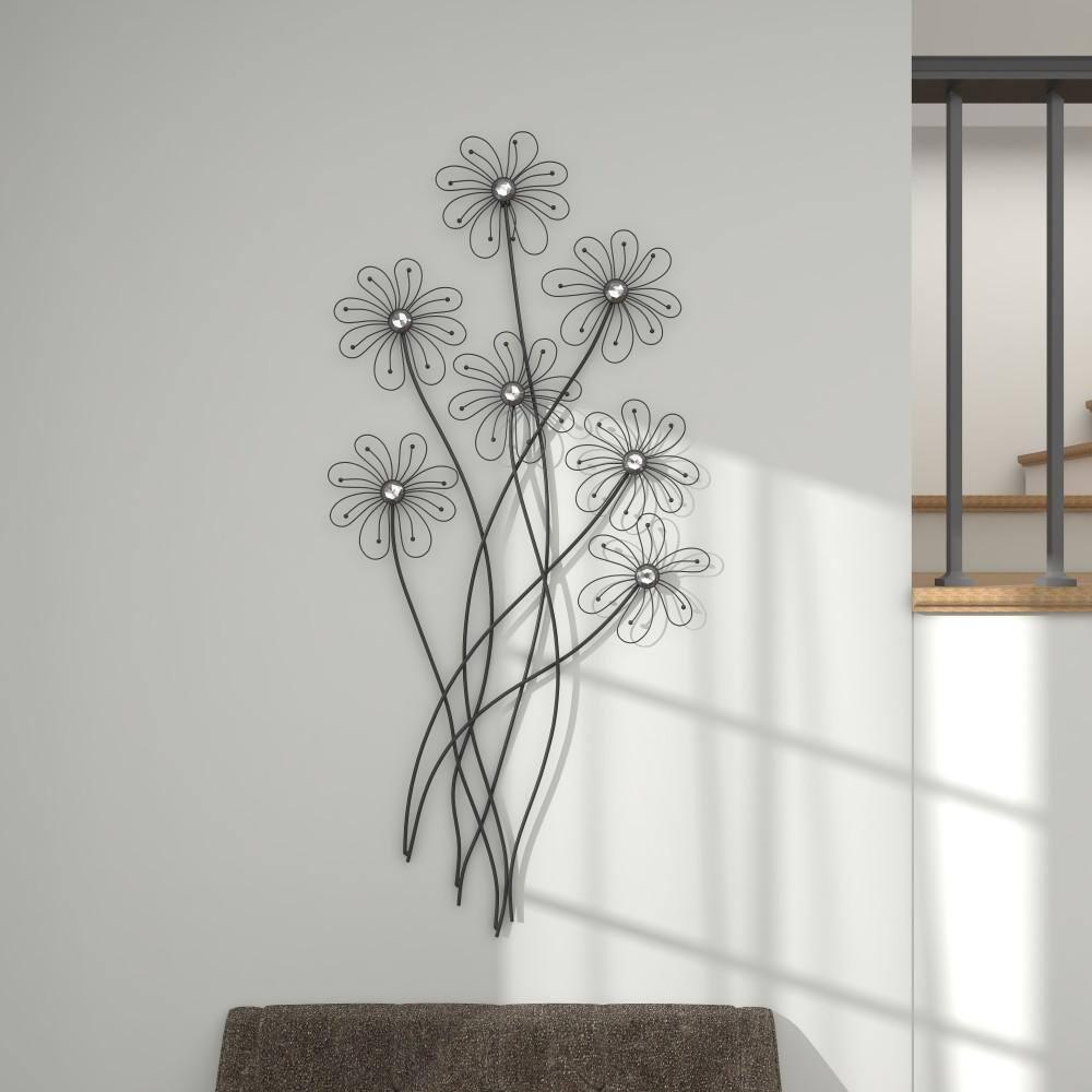DecMode Black Metal 3D Wire Floral Wall Decor with Crystal Embellishments