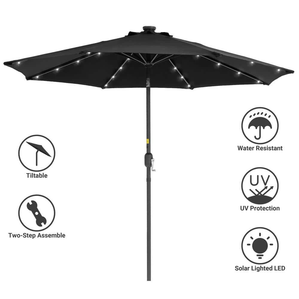 9 ft. Solar Lighted LED Outdoor Patio Market Table Umbrella in Black, UV-Resistant Canopy and Tilt Button