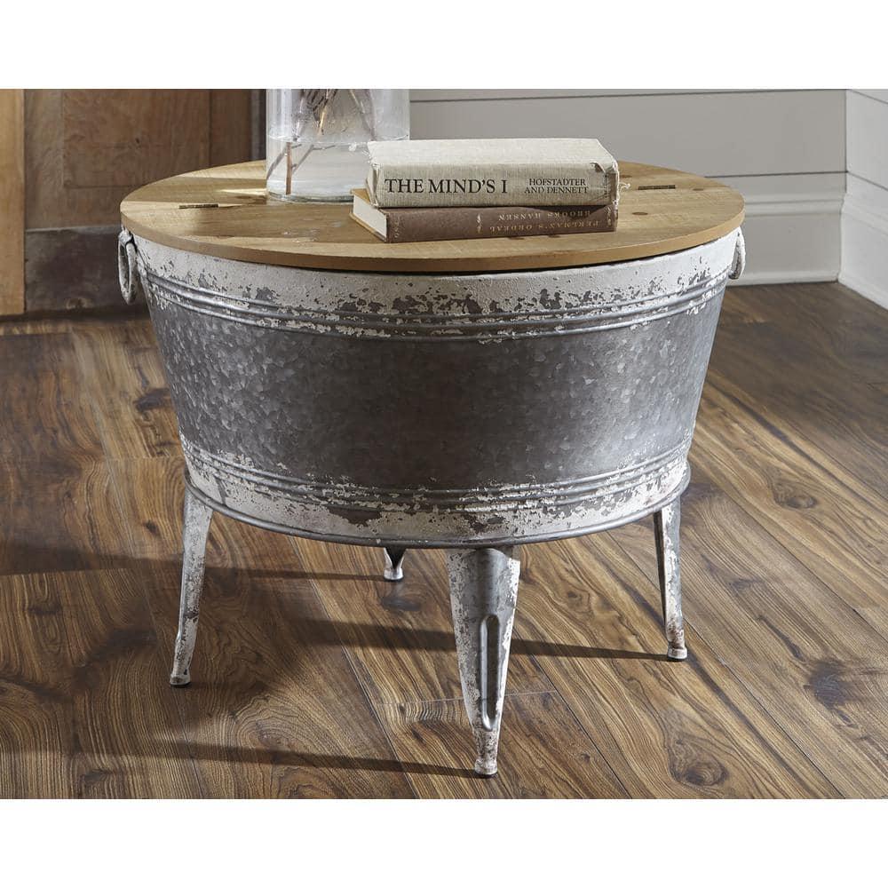 Distressed Metal Frame Cocktail Table with Hinged Lift Top Storage Brown/Gray - Benzara