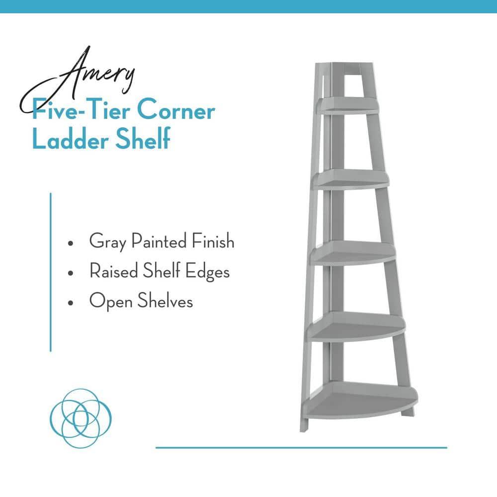 RiverRidge 5-Tier Corner Ladder Bookshelf for Kids Gray - Versatile Corner Shelf with Open Shelves Display Shelf for Books and Toys Corner Storage