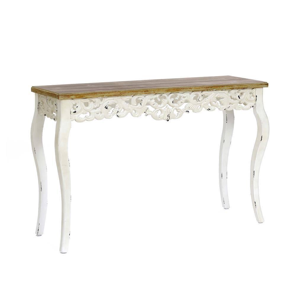 LuxenHome Victorian Off White and Natural Wood Console and Entry Table Off-White