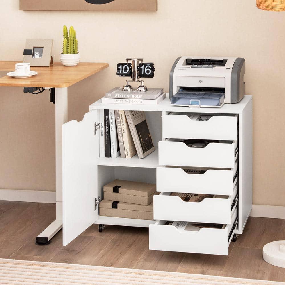 5-Drawer Chest with 1 Door, Wooden Chest of Drawers Storage Dresser Cabinet with Wheels, Office Organization and Storage, Bedroom Furniture (White-S)
