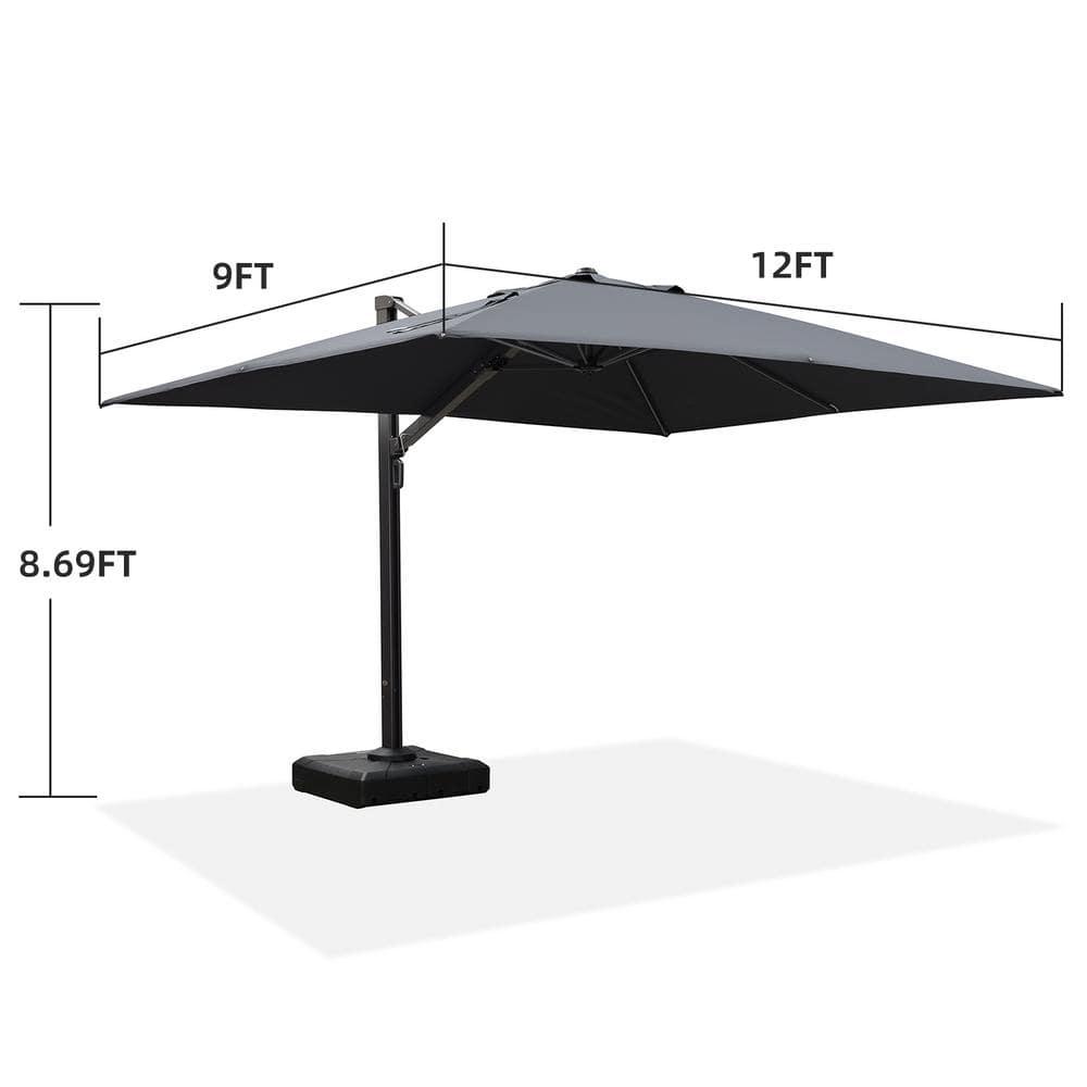 PURPLE LEAF 9' X 12' Rectangle Patio Umbrella Large Cantilever Outdoor Aluminum Offset Umbrella with 360-degree Rotation for Garden Deck Backyard Pool, Grey