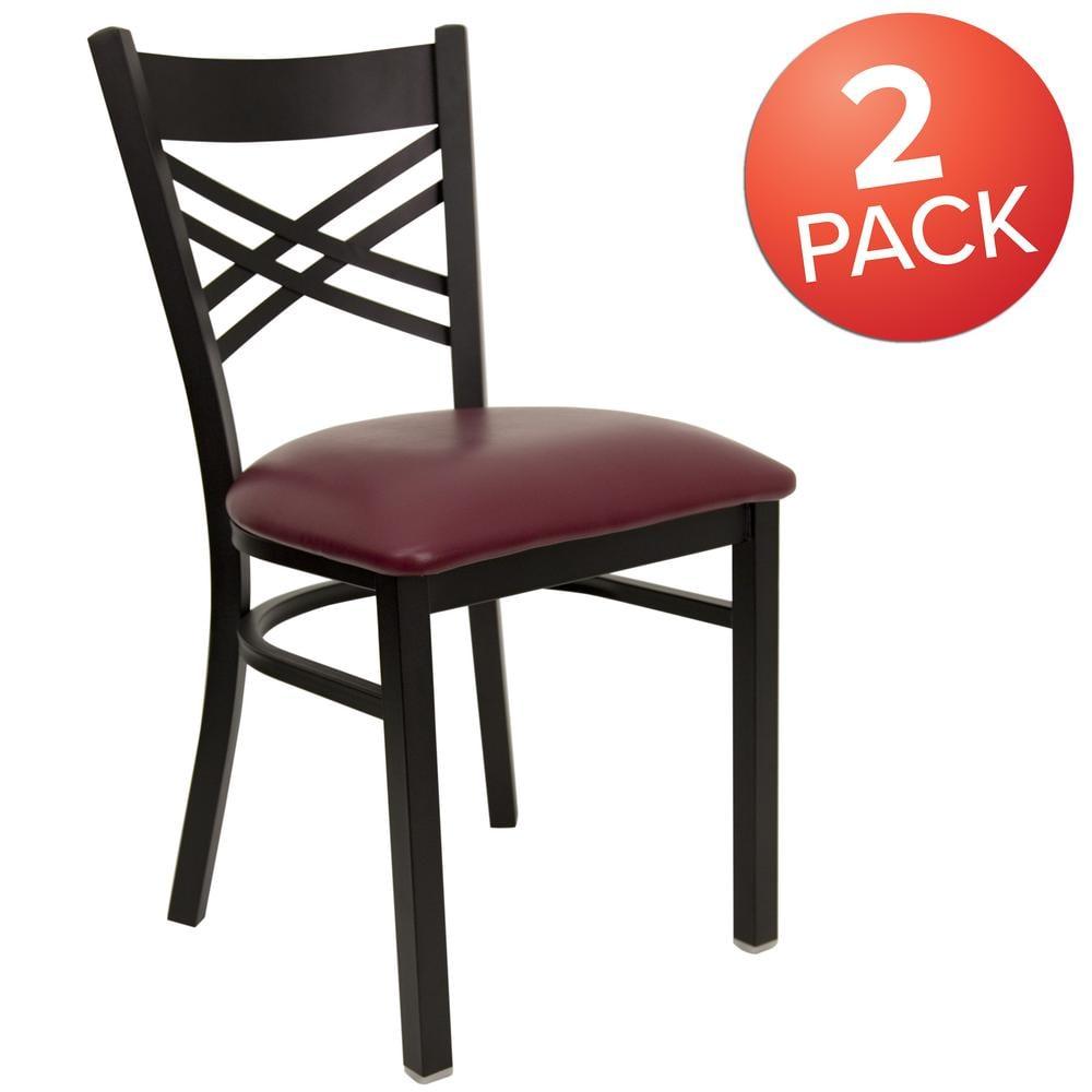 TiaGOC 2 Pack HERCULES Series Black ''X'' Back Metal Restaurant Chair - Burgundy Vinyl Seat