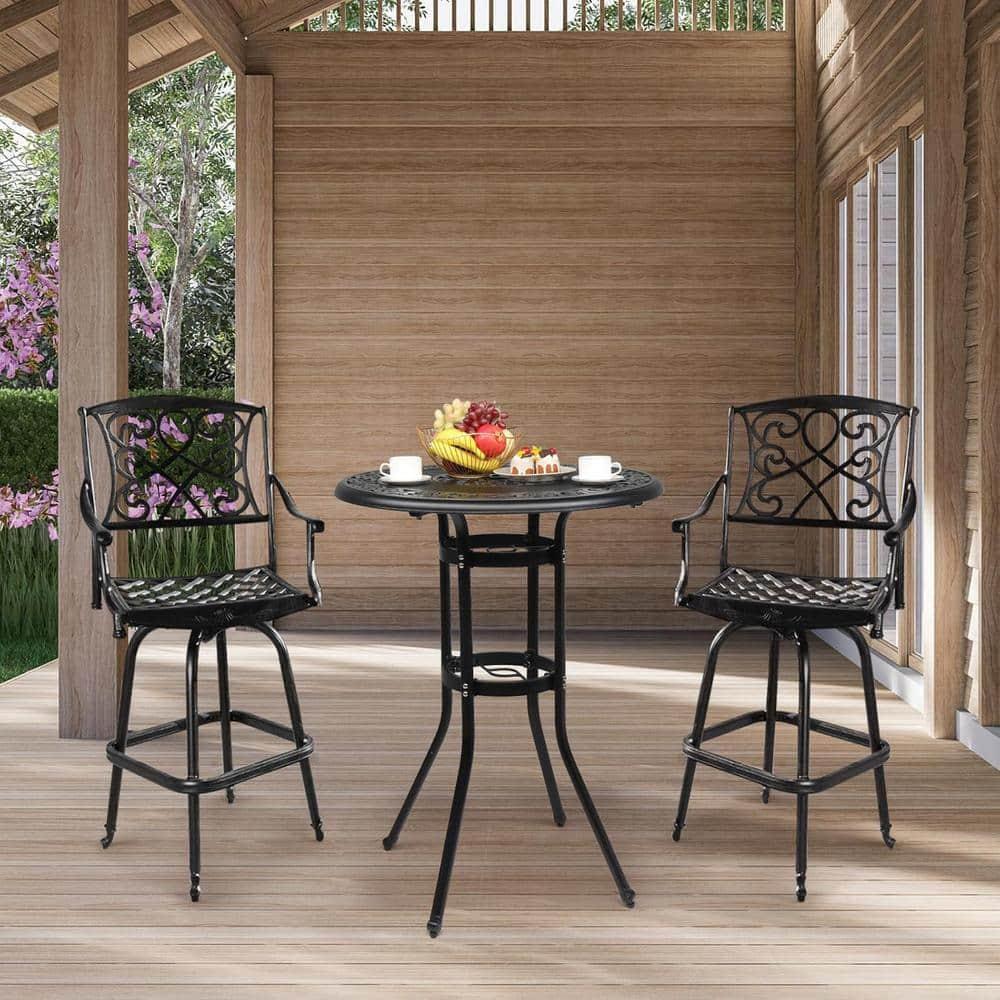 Black Cast Aluminum Round Outdoor Bar Table with Umbrella Hole