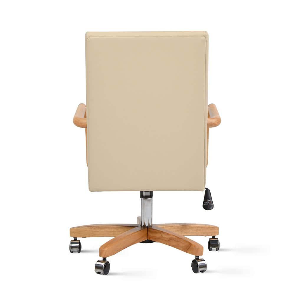 Dumont Modern Farmhouse High Back Executive Home Office Chair, Neutral Cream Beige Leather & Natural Wood