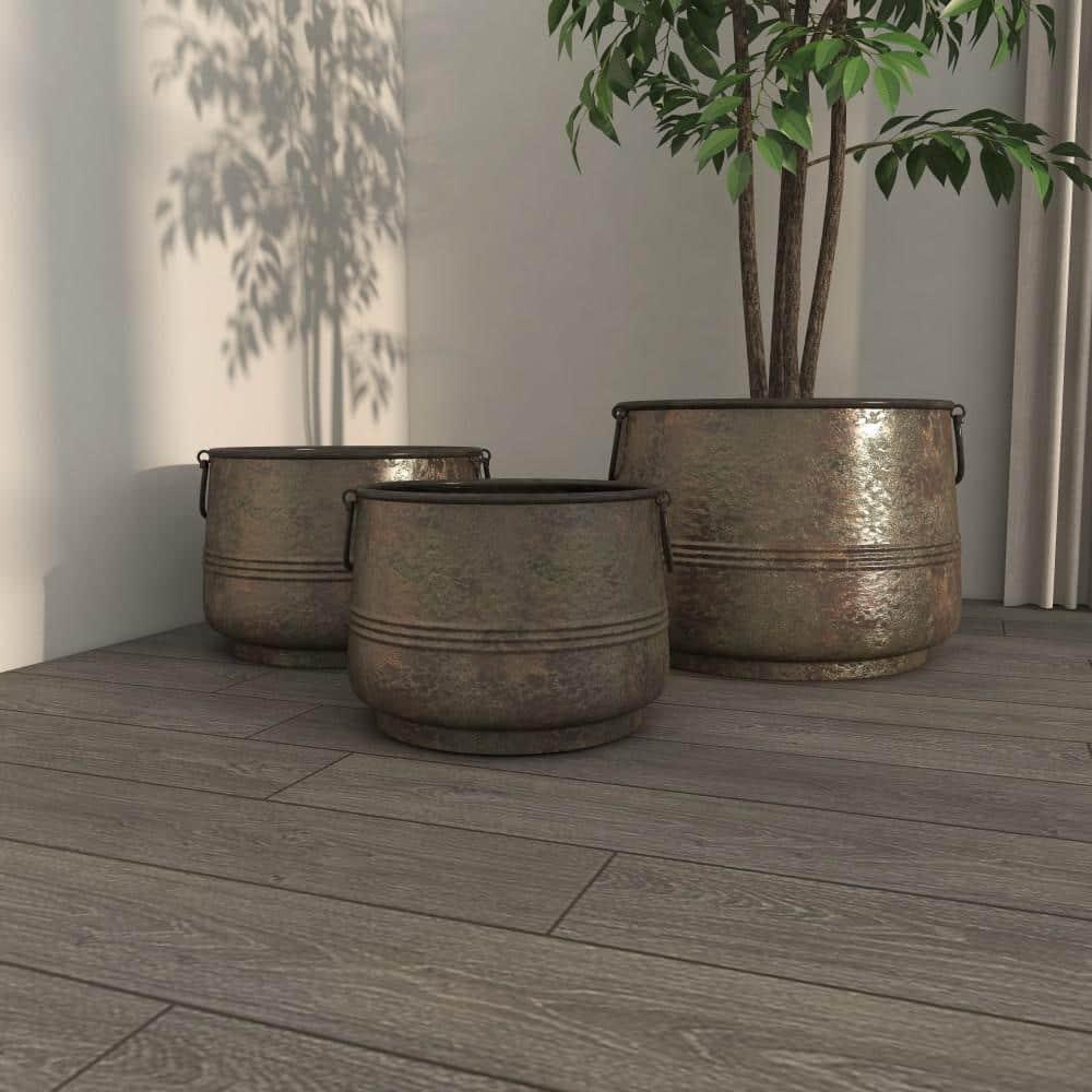 Gracie Oaks Cowden 3 Piece Metal Distressed Bucket Style Indoor Outdoor Bronze Planter with Side Ring Handles Set