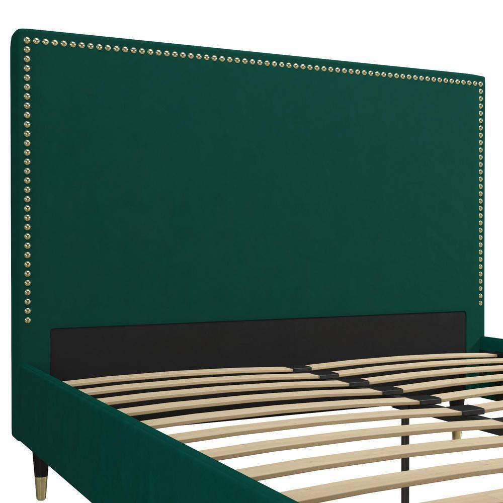 CosmoLiving by Cosmopolitan Queen Audrey Velvet Upholstered Bed Emerald Green: Luxury Glam Style, No Box Spring Needed